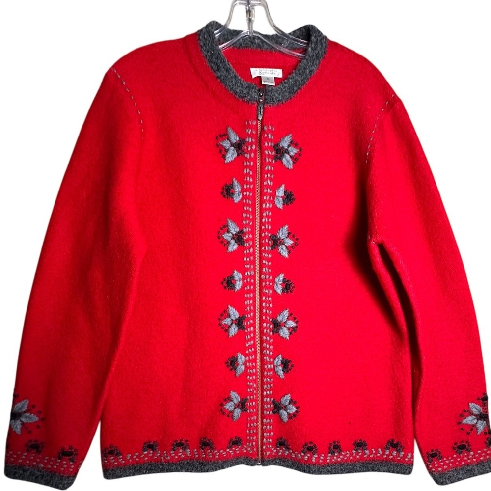Christopher & Banks Wool Zip Scandi Girl‎ Cardigan Embroidered Floral Sweater XL